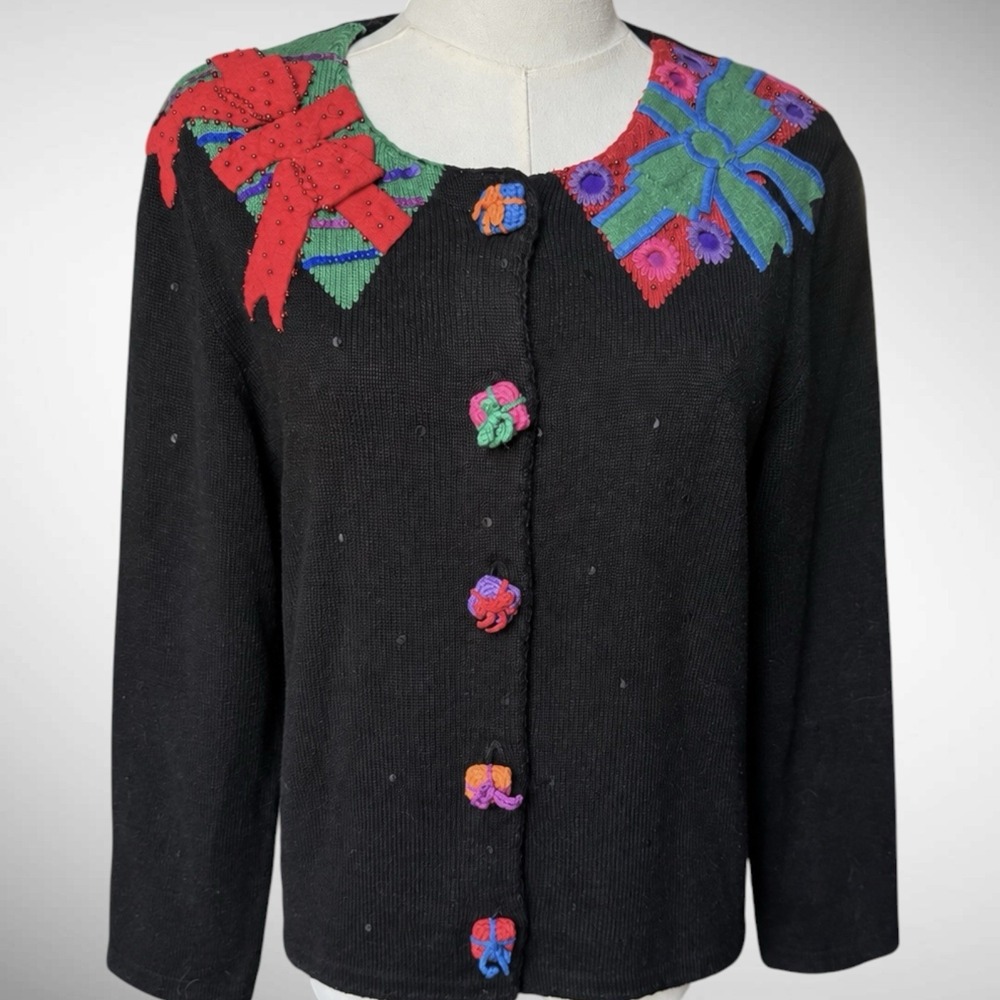 Michael Simon Christmas Gift Bow Beaded Cardigan Sweater Womens L Vintage